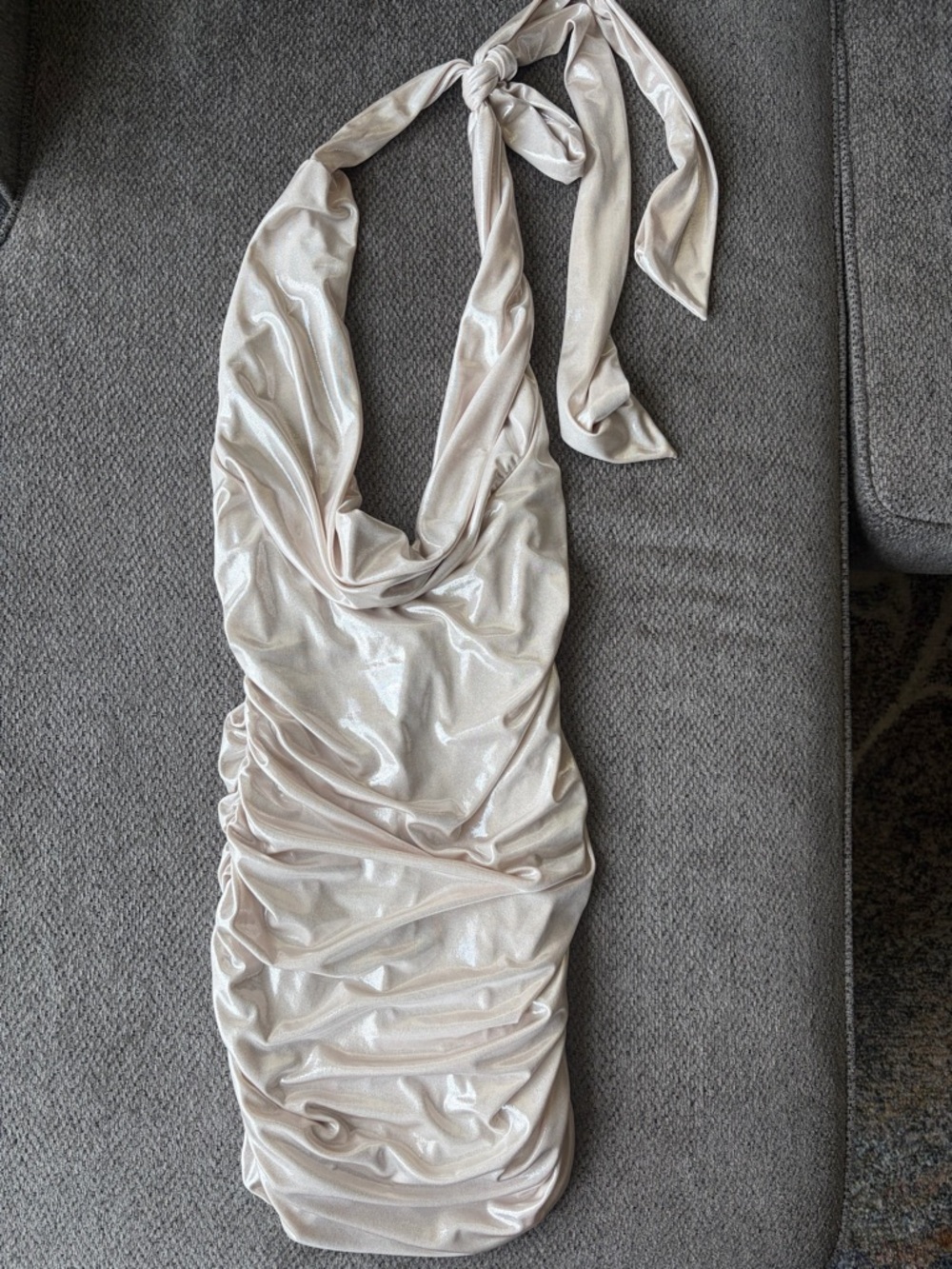 Shimmery Ivory Halter Ruched Mini Dress